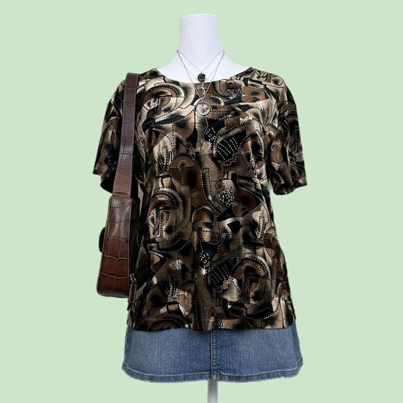 brown and black abstract geometric vintage 90s boho velvet top - Picture 1 of 8